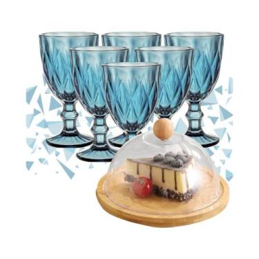 Imagem de Kit Dia das Mães 6 Taça Vidro 340ml Diamond e Queijeira Bambu com Tamp