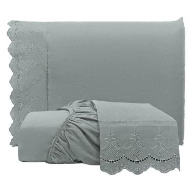 Imagem de Jogo De Lençol Queen Bordado Ingles Micropercal 300 Fios Toque De Algodão 3 Peças - Chumbo