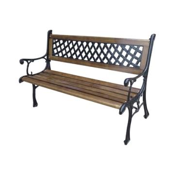 Imagem de Banco de jardim efeito de ferro fundido de madeira 2 lugares decorativo vintage ao ar livre com efeito treliça traseira móveis de jardim tradicionais metal com ripas de madeira, 1