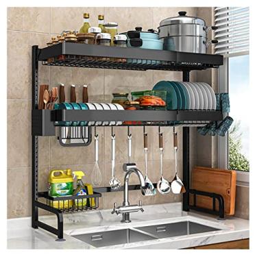 Imagem de CLLBANT Escorredor de louça, escorredor de pratos sobre a pia, escorredor de pratos de cozinha de comprimento ajustável de 2 camadas, prateleira organizadora de armazenamento doméstico acima do balcão