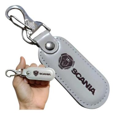 Imagem de Chaveiro Scania Couro Branco Chave Carro Mosquetão Argola - RS