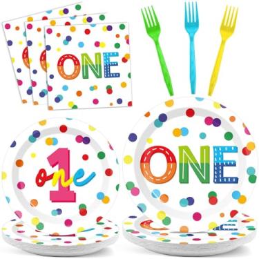 Imagem de CHUNNIN 96 peças de pratos e guardanapos arco-íris de 1º aniversário, decorações de festa de feliz aniversário com confetes de bolinhas, pratos de sobremesa coloridos para 24 convidados, artigos de