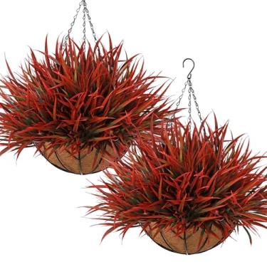 Imagem de KHOYIME Cesta de plantas artificiais para pendurar ao ar livre em ambientes internos, 2 conjuntos de cestas de grama vermelha falsa, plantadores, plantadores, resistentes a UV, primavera, verão