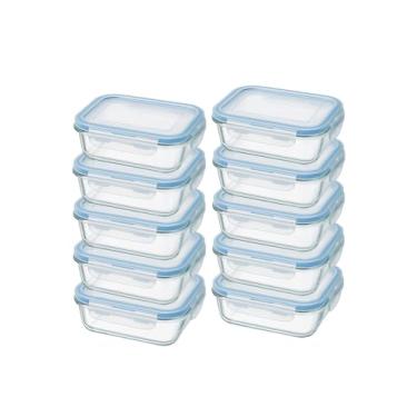 Imagem de Kit 10 Potes Herméticos Retangulares 640ml Tampa Azul de Vidro Para Mantimentos e Organização