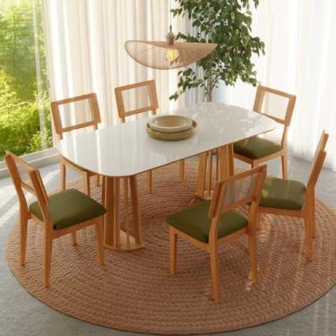 Imagem de Dalla Costa, Conjunto Mesa com 6 Cadeiras de Jantar Encosto Tela 100% MDF Off White Verde Dalla Costa