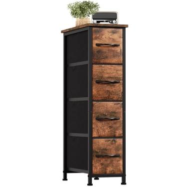 Imagem de Somdot Cômoda estreita com 4 gavetas, cômoda de armazenamento fina com gavetas de tecido removível para armário, espaços pequenos, banheiro, quarto, lavanderia, estampa de grão de madeira