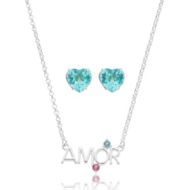Imagem de Colar Brinco Presente Namorada Amor Zircônia Semijoia Antialérgica Banhada a Prata 925 (Azul)
