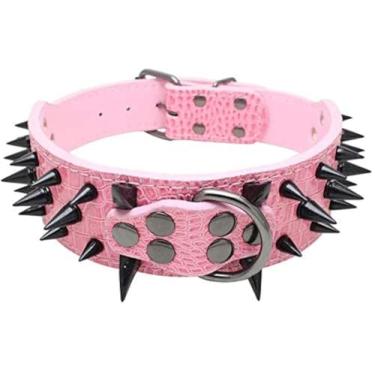 Imagem de Izefia Coleira para cães preta afiada cravejada luxuosa coleira de couro acolchoada para cães médios e grandes – 5 cm de largura colar antimordida (G, rosa brilhante-BK)