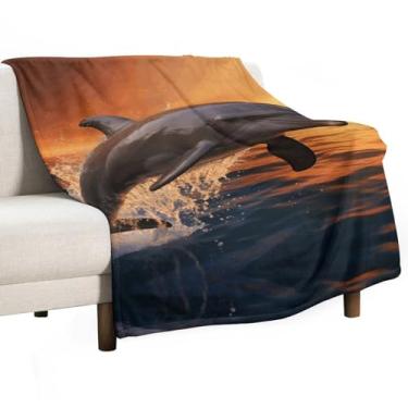 Imagem de Cobertor de golfinho ao anoitecer cobertor de flanela super macio cobertor de pelúcia decorativo quente para sofá, sofá ou cama, presente de decoração de outono, super aconchegante e confortável para