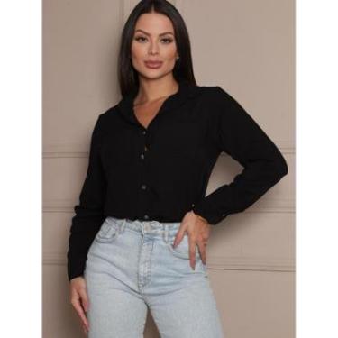 Imagem de Camisa Social Feminina Manga Longa Com Bolsos Elegante Alfaiataria Gola Colarinho-Feminino