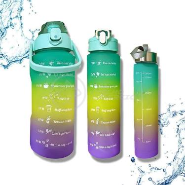 Imagem de Kit 3 Em 1 Garrafas De água Motivacionais Verde De 2l Squeeze Colorida Tie Dye Com Adesivos 2d E 3d