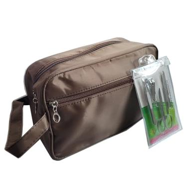 Imagem de Necessaire Grande Unissex Marrom, Com Kit Beleza Unhas Acessórios em Inox, Masculina ou Feminina, Bolsa de Viagem, Organizadora de Higiene, Estojo Grande Maquiagem NM2