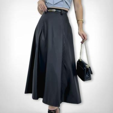 Imagem de Saia Feminina Couro Midi Gode Rodada Cintura Alta Social - SWISS BOUTI