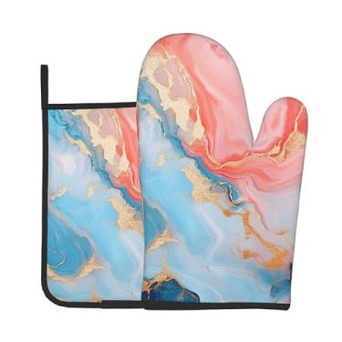 Imagem de Luvas de forno de mármore azul rosa - Conjuntos de luvas de cozinha marmorizadas e suportes de panela luvas de forno de pedra marmorizada, almofadas quentes para cozinhar, assar, grelhar