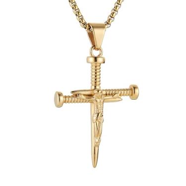 Imagem de HZMAN Crucifixo de unhas para homens com Jesus colar de cruz de aço inoxidável 55 + corrente de 55 cm, Aço inoxidável, Sem Pedra Preciosa