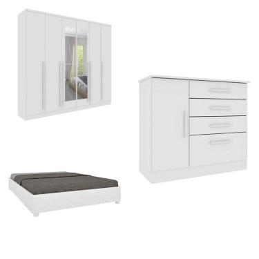 Imagem de CONJUNTO GUARDA ROUPA CASAL COM PUXADOR MDF COM ESPELHO CAMA CASAL MONACO E CÔMODA ESPRESSO MÓVEIS Neve/Neve