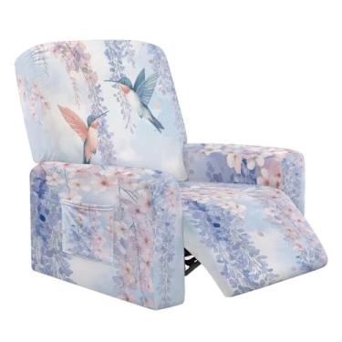 Imagem de Wiryuouvt Capa reclinável para cadeira reclinável com flor de beija-flor, 4 peças, capas Lazyboy que permanecem no lugar, capa de sofá reclinável de elastano macio, protetor de móveis com bolso