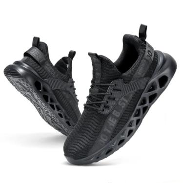 Imagem de Furuian Tênis de bico de aço para homens e mulheres, leve, confortável, à prova de perfuração, sem cadarço, indestrutível, para trabalho, Todo preto, 16.5 Women/15 Men