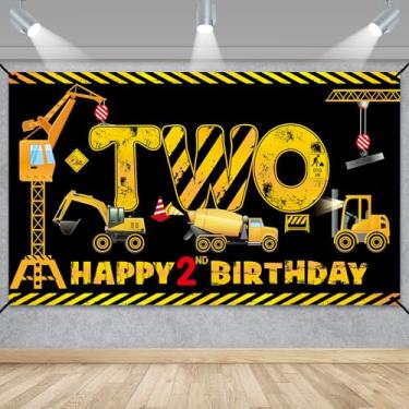 Imagem de Decorações de banner de construção de 2º aniversário para meninos e crianças, tema de construção de caminhão basculante, dois suprimentos de festa de aniversário, escavadeira, guindaste, escavadeira,