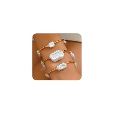 Imagem de Rrdaily 3 peças de pulseiras de ouro barrocas de bênção para mulheres, conjunto de pulseiras empilhadas de pérolas geométricas vintage estéticas, joias personalizadas para festas de aniversário, Large
