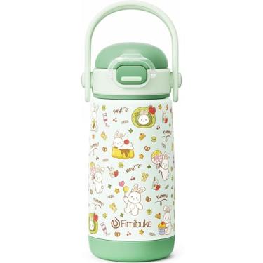 Imagem de Fimibuke Garrafa de água isolada infantil com tampa e alça de canudo - 400 ml livre de BPA 18/8 copo de metal de aço inoxidável à prova de vazamento de parede dupla copo infantil garrafa de água
