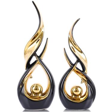 Imagem de XMGZQ Conjunto de estátua abstrata de cerâmica dourada de 2 peças, decoração de casa de arte abstrata moderna de meados do século em decoração de prateleira exclusiva, divisória de armário de TV e