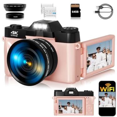 Imagem de Câmara digital 4K para fotografia, câmara Wi-Fi de vídeo Vlogging de 56 MP para YouTube com ecrã rebatível de 3 polegadas de 180°, cartão SD de 64 GB, zoom digital de 16 x 2 baterias, câmara