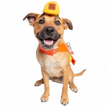 Imagem de Fantasia de cão trabalhador da construção civil Pet Krewe – Fantasia extragrande de Halloween para animais de estimação, inclui chapéu