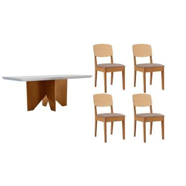 Imagem de Conjunto Sala de Jantar Nevada c/ Tampo Madeirado c/ Vidro Canto Curvo 120x80cm e 4 Cadeiras Havana Premium Naturale/Off White - Capuccino/Linho Capuc