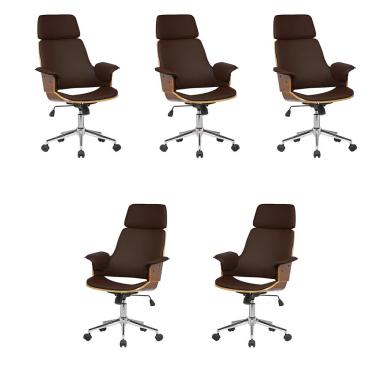 Imagem de Kit 5 Cadeira de Escritório Home Office Decorativas Casemiro PU c/Regulagem de Altura Base Giratória Marrom G56 - Gran Belo