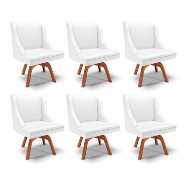 Imagem de Kit 6 Cadeiras Decorativas Sala de Jantar Base Giratória de Madeira Firenze PU Branco Fosco/Natural G19 - Gran Belo