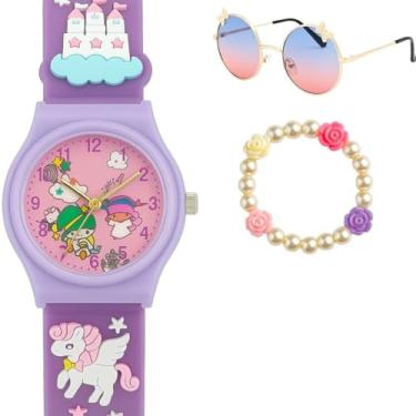 Imagem de Relogio Roxo Infantil Silicone + Oculos Pulseira + Caixa presente pulseira ajustavel