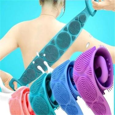Imagem de Escova de banho de silicone, alça de esfregão para as costas, lavagem profunda e massagem dupla, alça longa esfoliante, escova de limpeza para chuveiro