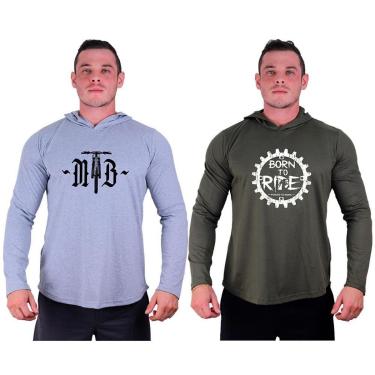Imagem de Kit 2 Camisetas Manga Longa com Touca Longline Estampada Treino Academia Lazer Casual-Masculino
