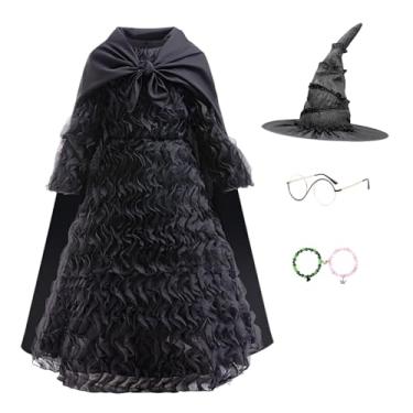 Imagem de ADREIT Vestido de fantasia infantil Elphaba para meninas, bruxa, Halloween, cosplay, festa de aniversário, roupa com óculos e chapéu pontiagudo, preto