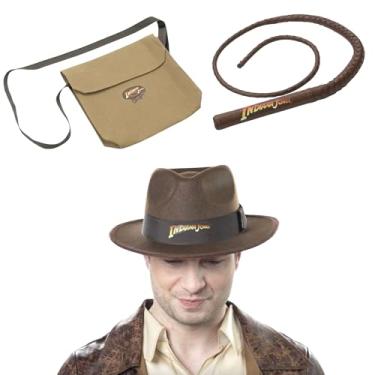 Imagem de INDIANA JONES Conjunto oficial de acessórios para fantasia de Halloween para adultos - Conjunto de três peças com Fedora, chicote de fantasia de 127 cm e bolsa