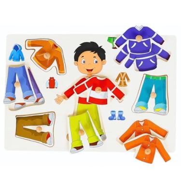 Imagem de Tabuleiro Educativo Infantil de Vestir Premium, Brinquedo de Madeira, Jogo de Encaixar Troca de Roupas, Felix Magazine (Menino)