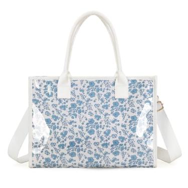 Imagem de GISMTR Bolsa feminina de PVC com estampa de letras Hobo, bolsa de ombro de papel kraft com alça para trabalho e viagens, Flores azuis