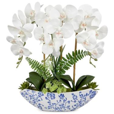Imagem de Vaso de cerâmica azul branco Briful de 46 cm com flores de orquídea ar