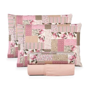 Imagem de Conjunto de lençóis 4 peças algodão 180 fios impresso single duplo queen king(Patchwork Rosê,Solteiro 3 peças)