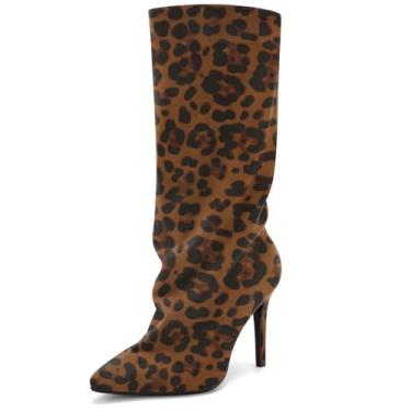Imagem de Perisis Botas femininas despojadas cano médio pretas longas de puxar salto agulha bico fino botas de tubarão para mulheres sexy moda, Camurça e leopardo, 41