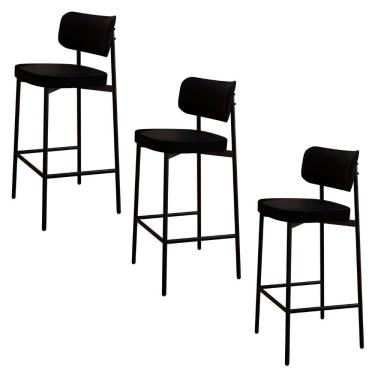 Imagem de Banqueta Alta Bar Estofada Kit 3 Ella M25 Linho Preto - Mpozenato