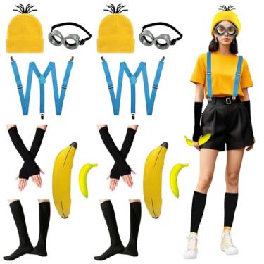 Imagem de Hlimior Conjunto de fantasia de Halloween – bonés amarelos, óculos, suspensórios, meias e luvas, banana sintética e banana inflável., Amarelo, adult