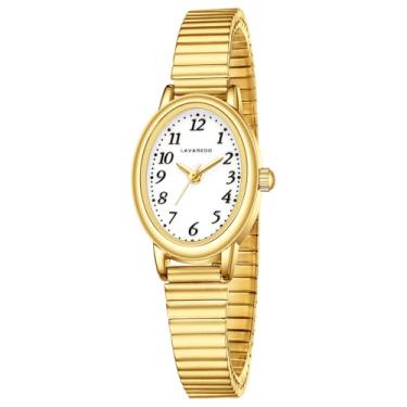 Imagem de VTAIGE Relógios dourados femininos, analógicos delicados, relógios femininos à prova d'água com pequena caixa oval, mostrador luminoso e pulseira de expansão de aço inoxidável, elegante presente de