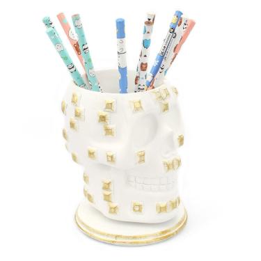 Imagem de Porta-canetas Skull Resin Golden Studs 12x11x13,5 cm 500g