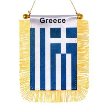 Imagem de JBSJBS Bandeira suspensa da Grécia mini bandeiras gregas pequenas para janela de carro banners decoração de espelho retrovisor bandeiras da Grécia com ventosa com franjas douradas dupla face 7,6 x