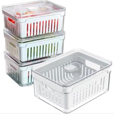 Imagem de Organizador Empilhável para Geladeira com Tampa, Cesto Escorredor Multiuso para Alimentos, Verduras e Vegetais, Plástico Transparente, Kit com Múltiplos Compartimentos