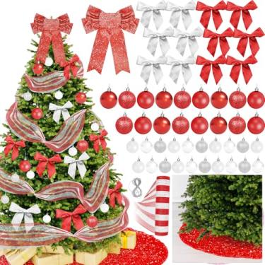 Imagem de Cinrobiye Conjunto de decoração de árvore de Natal, incluindo 48 bolas de enfeites de Natal, 12 laços, topo de árvore, saia de árvore, fita de malha para árvores de Natal, guirlanda de festa de Natal