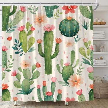 Imagem de Cortina de chuveiro floral planta cacto suculentas tropicais aquarela flor verde bonito deserto cactos tecido conjunto de cortina de banheiro com ganchos