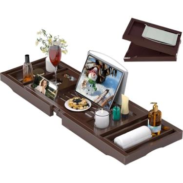 Imagem de Bandeja de banheira para banheira, bandejas de mesa de banho dobráveis, prateleira de bambu com suporte de livro e copo de vinho, acessórios de banheiro adequados para spa de luxo ou leitura, marrom